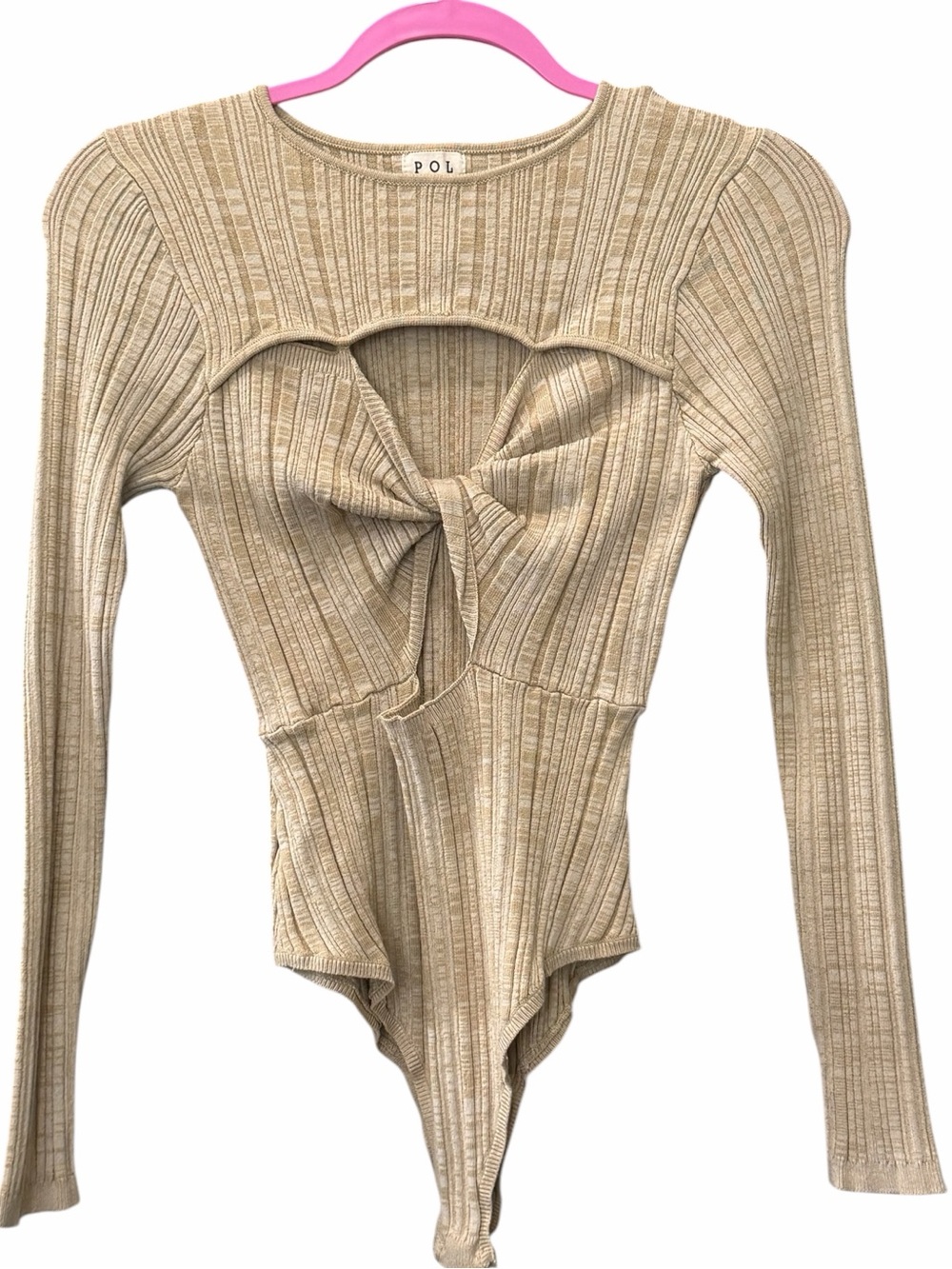 POL Beige Ribbed Twist-Front Long Sleeve Bodysuit Size Large